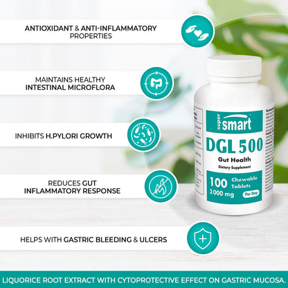 Supersmart - Gastro-Intestinal - DGL 500mg - Licorice Root Extract, Most Effective Form and Dose | 100 Chewable Tablets - Non-GMO