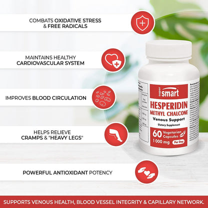 Supersmart - Hesperidin Methyl Chalcone 1000 mg Per Day - Citrus Aurentium Standardized to 99% - Support Healthy Blood Circulation | Non-GMO and Gluten Free - 60 Vegetarian Capsules