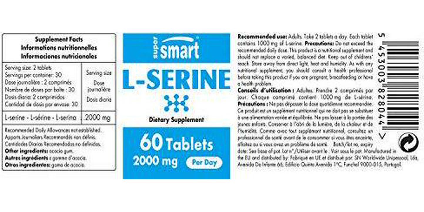 Supersmart - L-Serine 2000 mg Per Day - Brain Boost and Memory Supplement - Support Healthy Central Nervous System | Non-GMO and Gluten Free - 60 Tablets