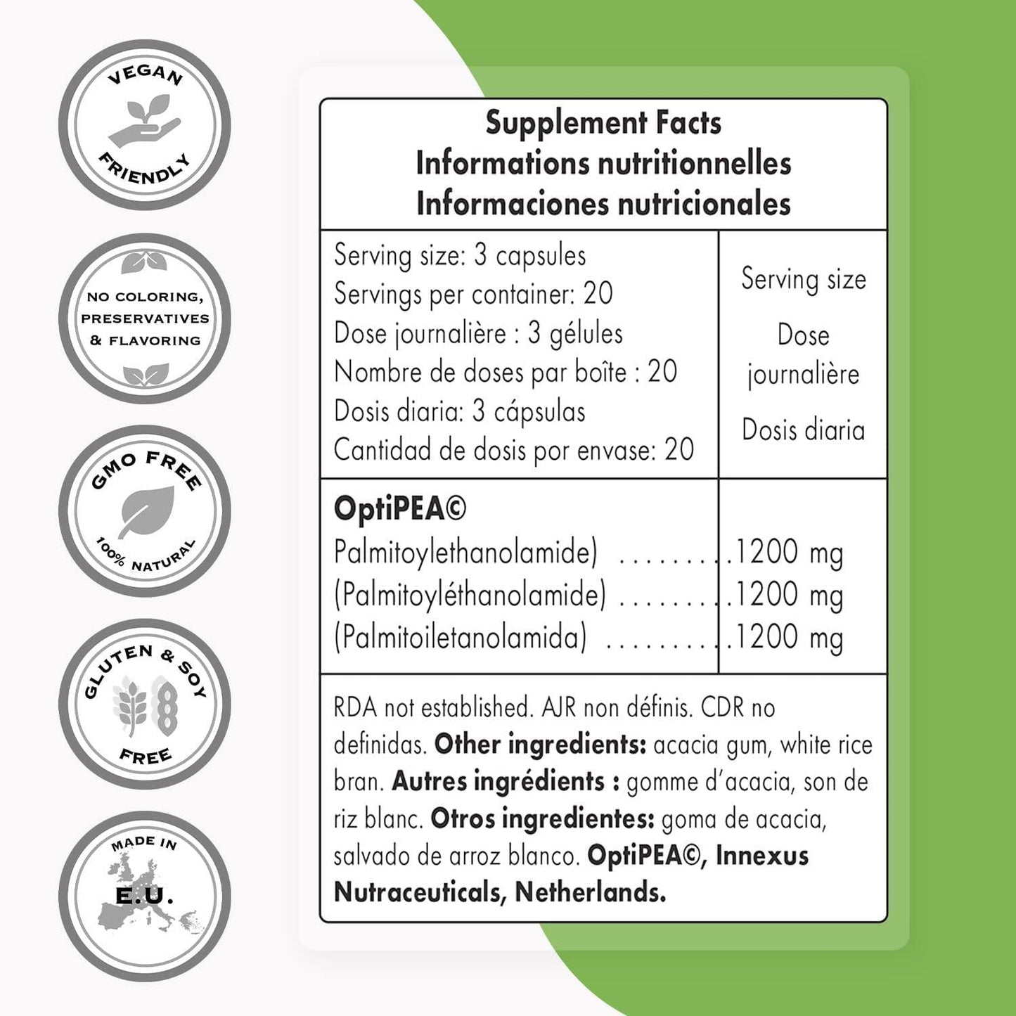 Supersmart - Pea (PalmitoylEthanolAmide) 1200 mg Per Day - Natural Analgesic and Anti Inflammatory Supplement - Pain Relief | Non-GMO and Gluten Free - 60 Vegetarian Capsules