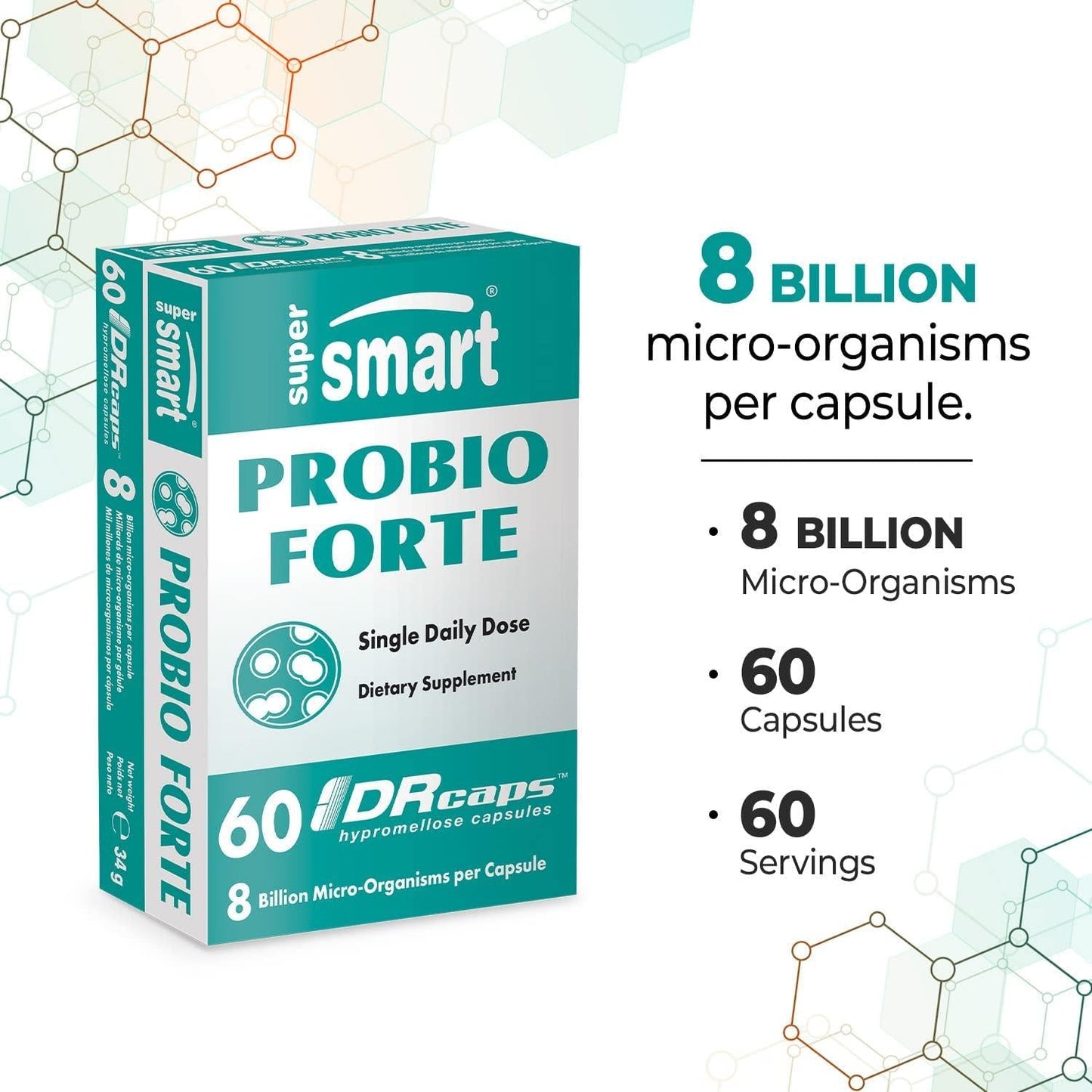 Supersmart - Probio Forte - 8 Billion Micro-Organisms per Capsule - Probiotics for Women and Men - Immune System Booster - with Lactobacillus Acidophilus | Non-GMO and Gluten-Free - 60 DR Caps