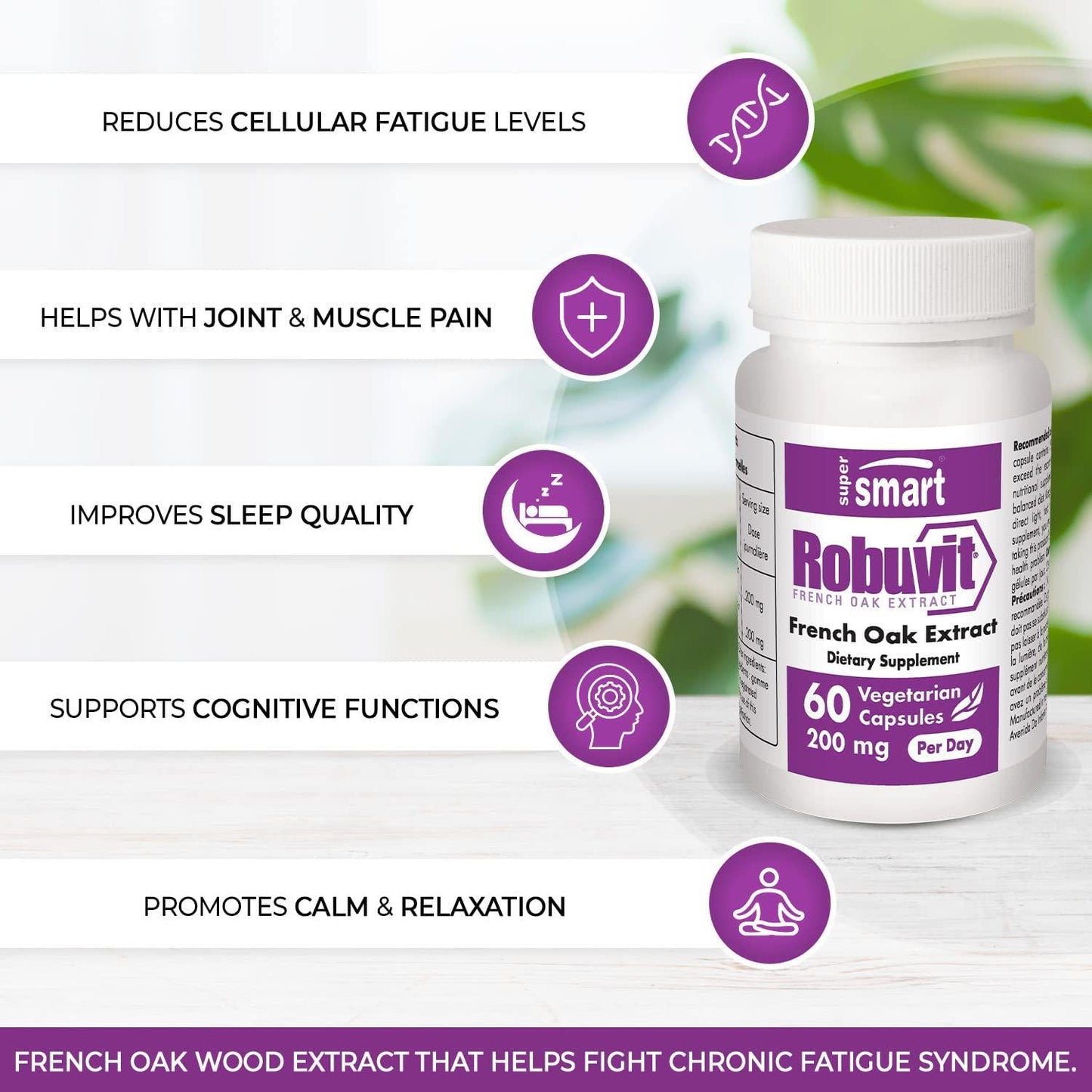 Supersmart - Robuvit Â 100 mg - French Oak Wood Extract for Stress and Mood - Antioxidant Supplement - Helps Fight Fatigue | Non-GMO and Gluten Free - 60 Vegetarian Capsules