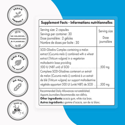 Supersmart - SOD-Gliadins Complex 500 mg Per Day - Melon Extract - Powerful Antioxidant Supplement and Immune System Booster - Help Protect Tissues and Cells | Non-GMO - 60 Vegetarian Capsules