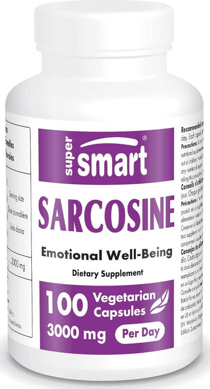 Supersmart - Sarcosine 500 mg - N-methylglycine Improves Mood Great Source of Brain Nutrition, Food | Non-GMO and No fillers - 100 Vegetarian Capsules