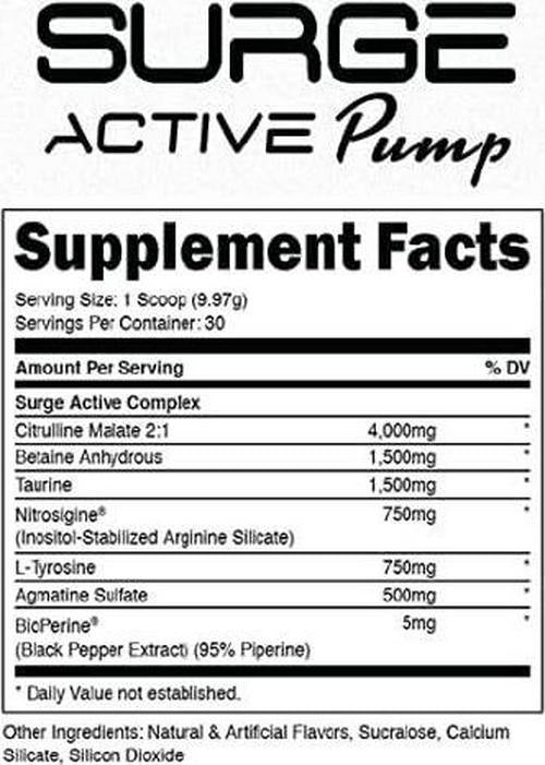 Surge Supplements Active Pump - Non Stimulant Pre Workout, Increased Vascularity and Endurance, Helps Blood Flow, Supports Muscle Growth, Zero Caffeine, Nitric Oxide Booster - Pina Colada