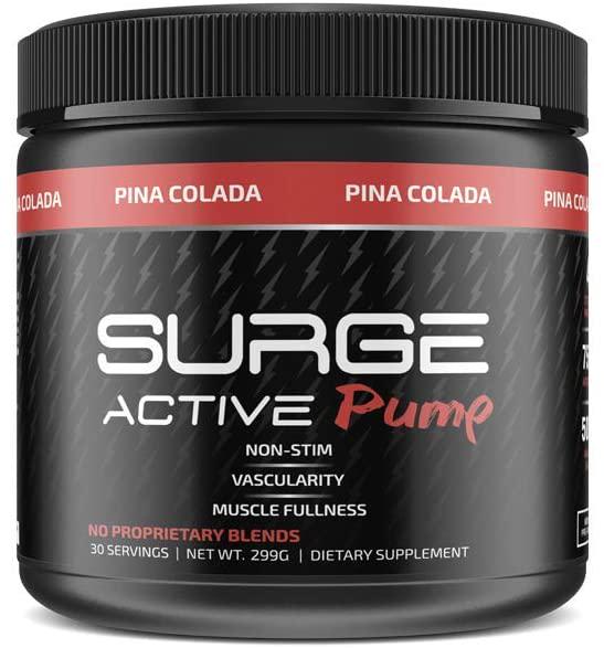Surge Supplements Active Pump - Non Stimulant Pre Workout, Increased Vascularity and Endurance, Helps Blood Flow, Supports Muscle Growth, Zero Caffeine, Nitric Oxide Booster - Pina Colada