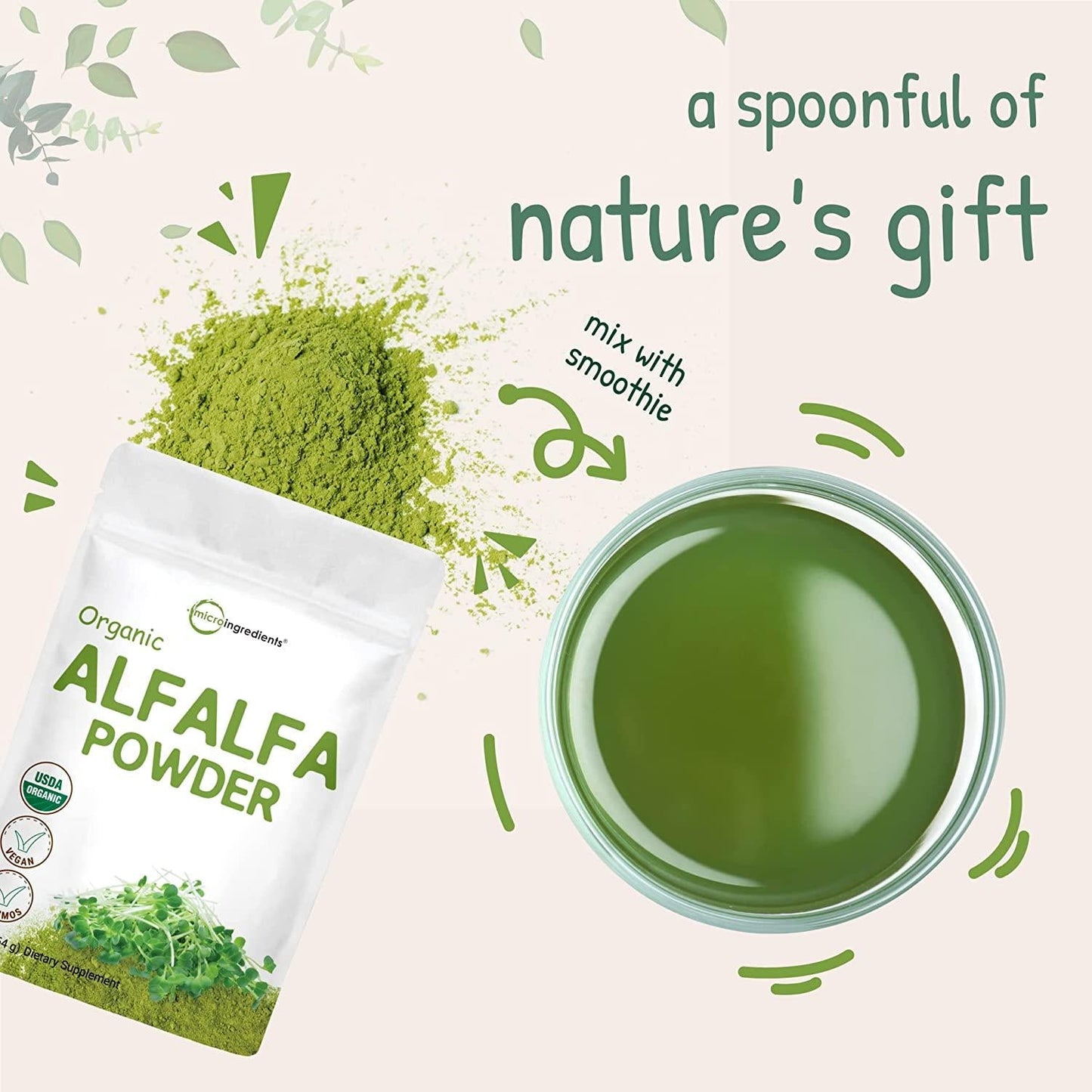 Sustainably US Grown, Organic Alfalfa Powder, 1 Pound (16 Ounce), Contains Immune Vitamin C and Minerals, Best Green Superfoods for Smoothie, Drinks, Beverage and Cookies, Non-GMO and Vegan Friendly