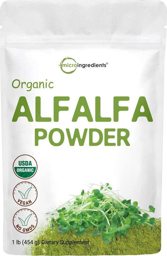 Sustainably US Grown, Organic Alfalfa Powder, 1 Pound (16 Ounce), Contains Immune Vitamin C and Minerals, Best Green Superfoods for Smoothie, Drinks, Beverage and Cookies, Non-GMO and Vegan Friendly