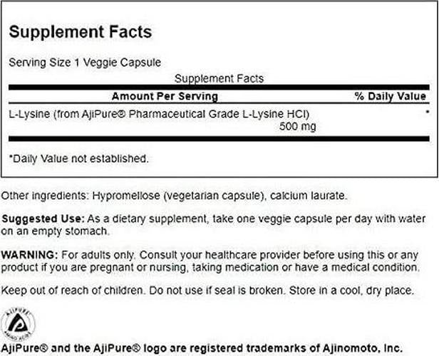 Swanson Amino Acid Ajipure L-Lysine Pharmaceutical Grade 500 Milligrams 90 Veg Capsules