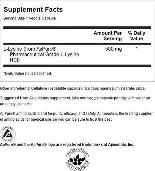 Swanson Amino Acid Ajipure L-Lysine Pharmaceutical Grade 500 Milligrams 90 Veg Capsules