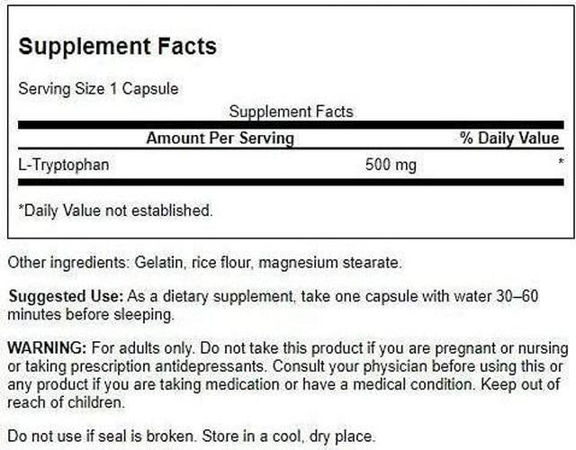 Swanson Amino Acid L-Tryptophan 500 Milligrams 60 Capsules