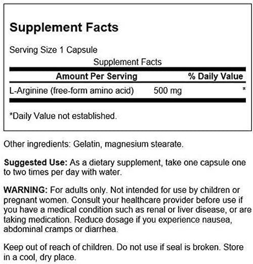 Swanson Amino Acid L-Arginine 500 Milligrams 200 Capsules