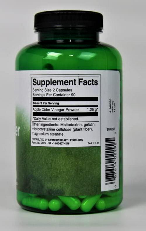 Swanson Apple Cider Vinegar Capsules - Supports Healthy Weight Loss and Digestive Health - Helps Support Metabolism and Maintain Glucose Profile - (180 Capsules, 625mg Each)