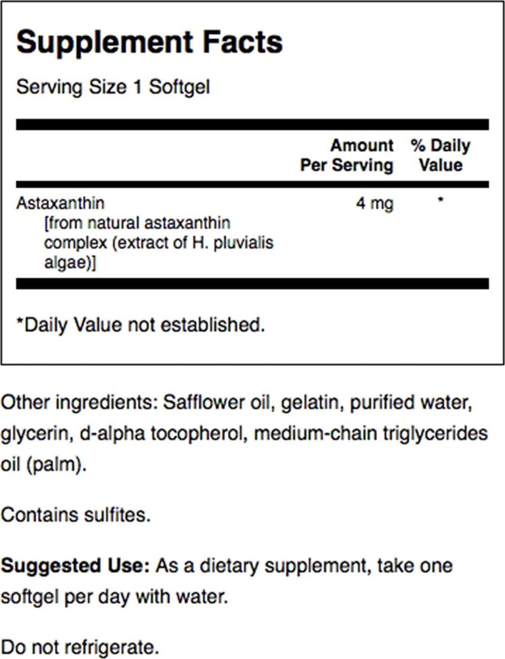 Swanson Astaxanthin Eye Vision Brain Skin Health Antioxidant Support Supplement (Astaxanthin 4 mg) 60 Softgels Sgels