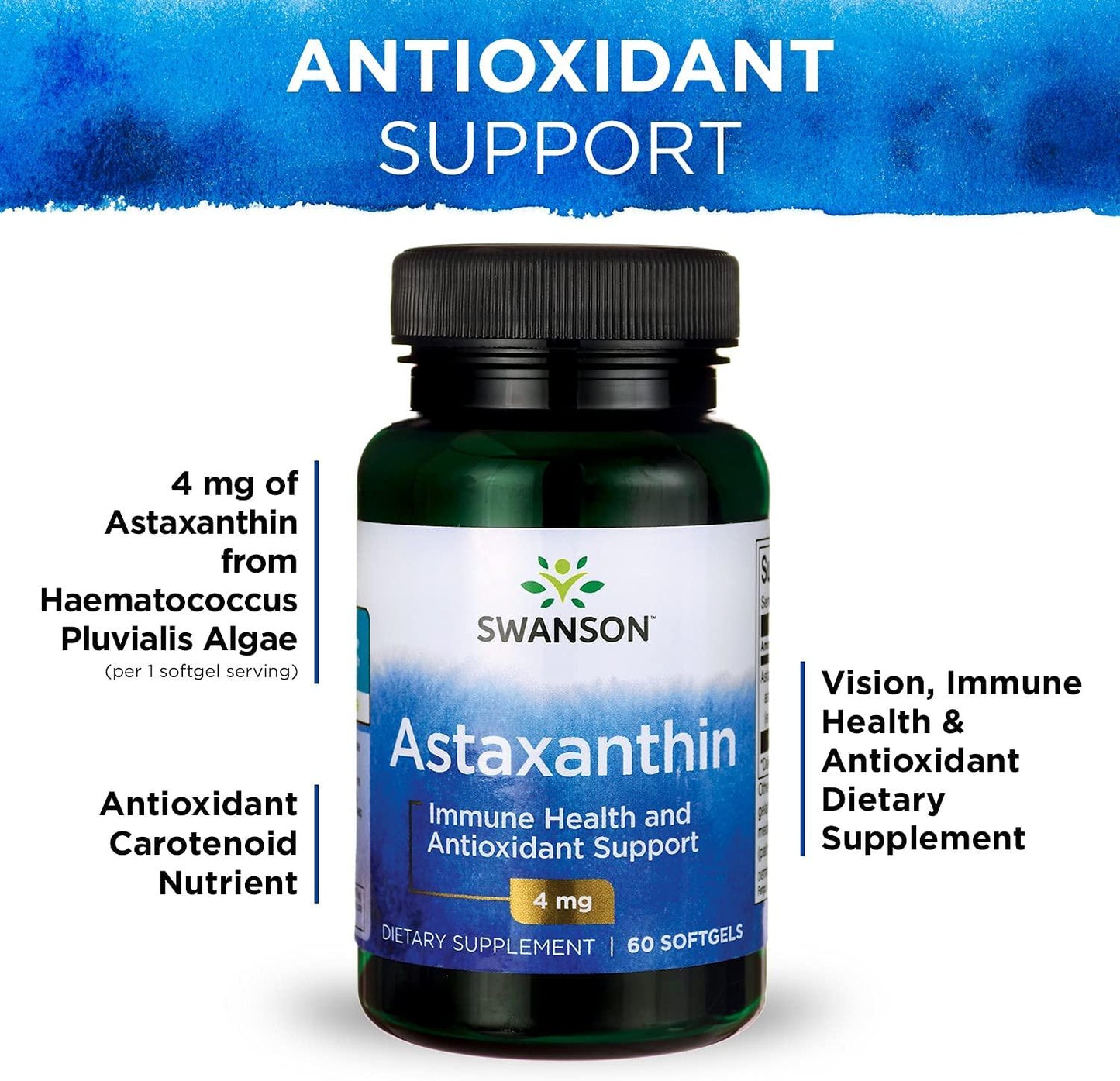 Swanson Astaxanthin Eye Vision Brain Skin Health Antioxidant Support Supplement (Astaxanthin 4 mg) 60 Softgels Sgels