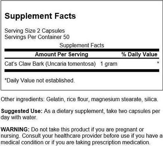 Swanson Cat's Claw 500 Milligrams 100 Capsules
