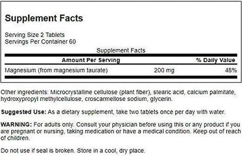 Swanson Magnesium Taurate - Mineral Supplement Promoting Muscle and Bone Health - Natural Magnesium and Taurine Formula Supporting Heart Health - (120 Tablets, 100mg Each)