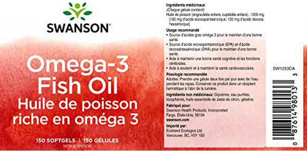 Swanson Omega 3 Fish Oil Supplement Heart Brain and Joint Support GMO-Free EFAs 180 mg EPA Plus 120 mg DHA 150 Softgel Capsules Lemon Flavor
