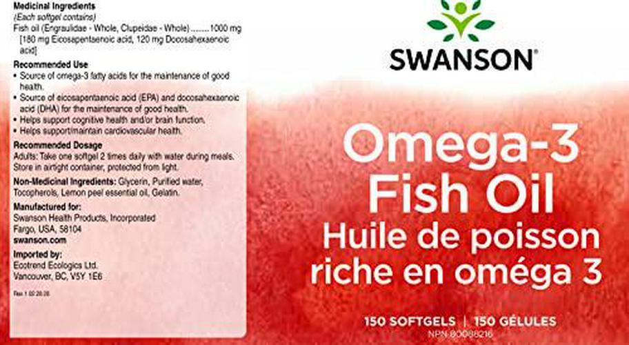 Swanson Omega 3 Fish Oil Supplement Heart Brain and Joint Support GMO-Free EFAs 180 mg EPA Plus 120 mg DHA 150 Softgel Capsules Lemon Flavor