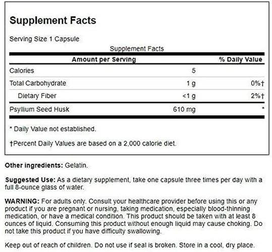 Swanson Psyllium Husk Digestive Weight Colon Health Dietary Fiber Supplement 610 mg 300 Capsules (Caps)