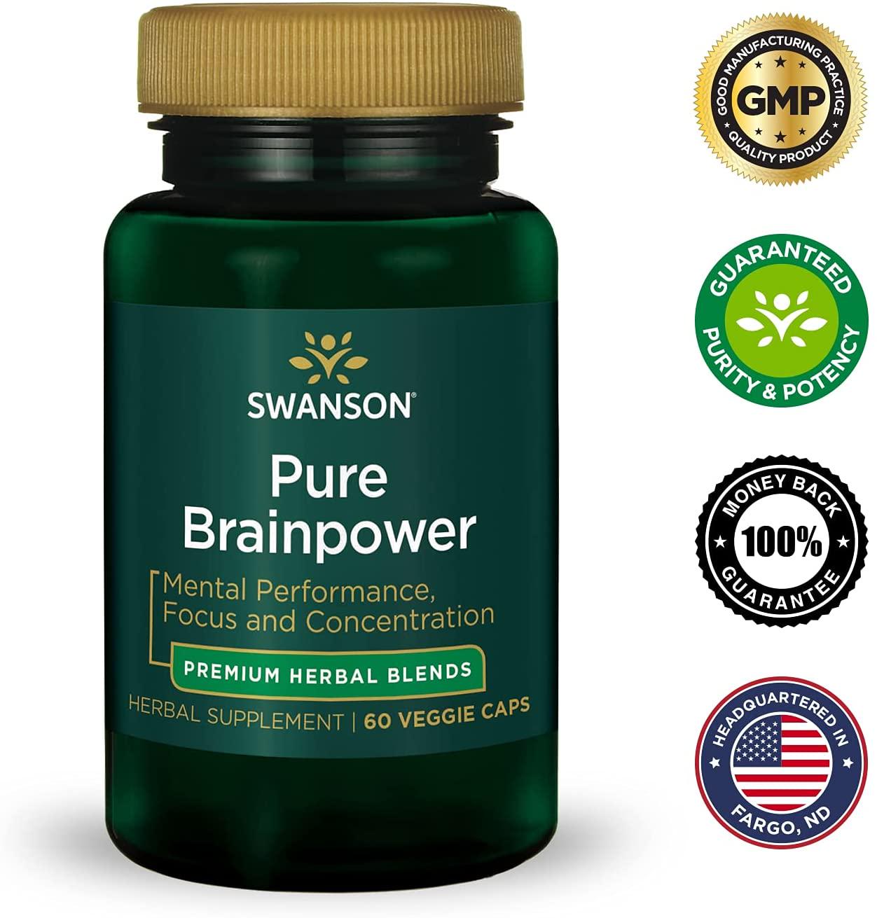 Swanson Pure Brainpower Brain Health Cognitive Memory Focus Support Brain-Derived Neurotrophic Factor (BDNF) Herbal Supplement (Ginkgo Biloba, Bacopa Monnieri) 60 Veggie Capsules (Veg Caps) Vegan