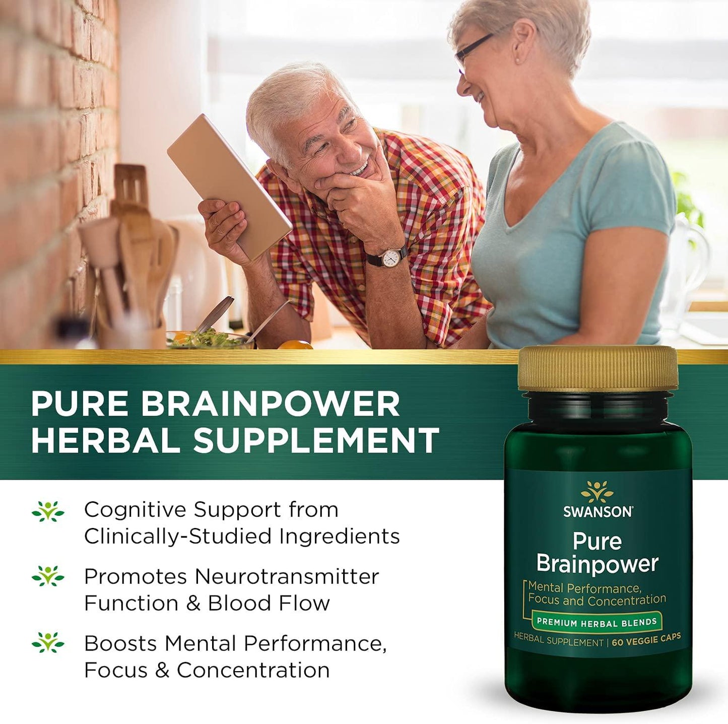 Swanson Pure Brainpower Brain Health Cognitive Memory Focus Support Brain-Derived Neurotrophic Factor (BDNF) Herbal Supplement (Ginkgo Biloba, Bacopa Monnieri) 60 Veggie Capsules (Veg Caps) Vegan