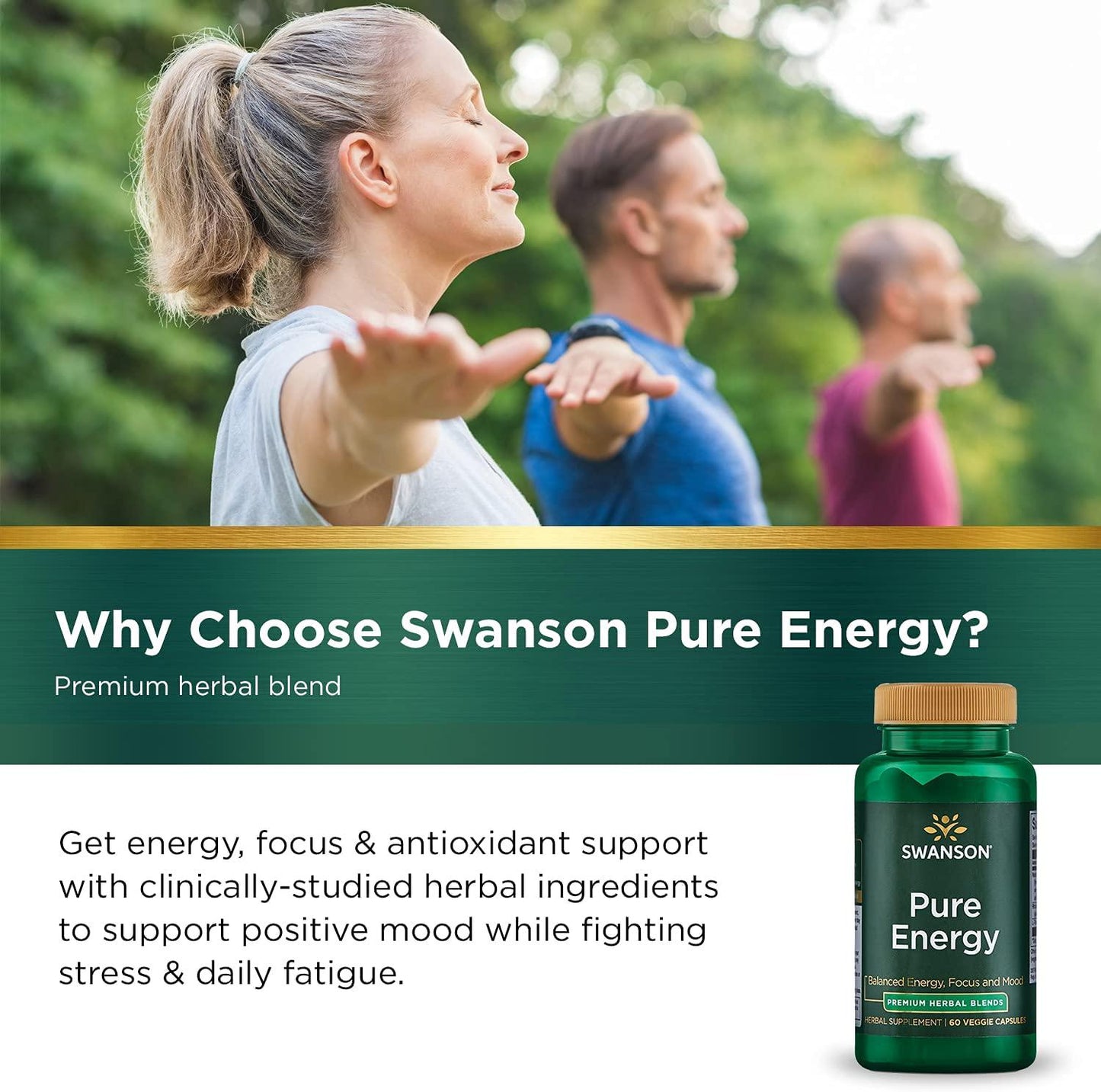 Swanson Pure Energy Metabolism Concentration Mental Focus Mood Support Stress Management Adaptogenic Herbs Herbal Supplement 60 Veggie Capsules (Veg Caps) Vegan