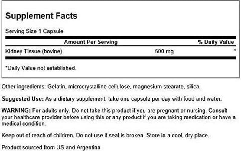 Swanson Raw Kidney Glandular 500 Milligrams 60 Capsules
