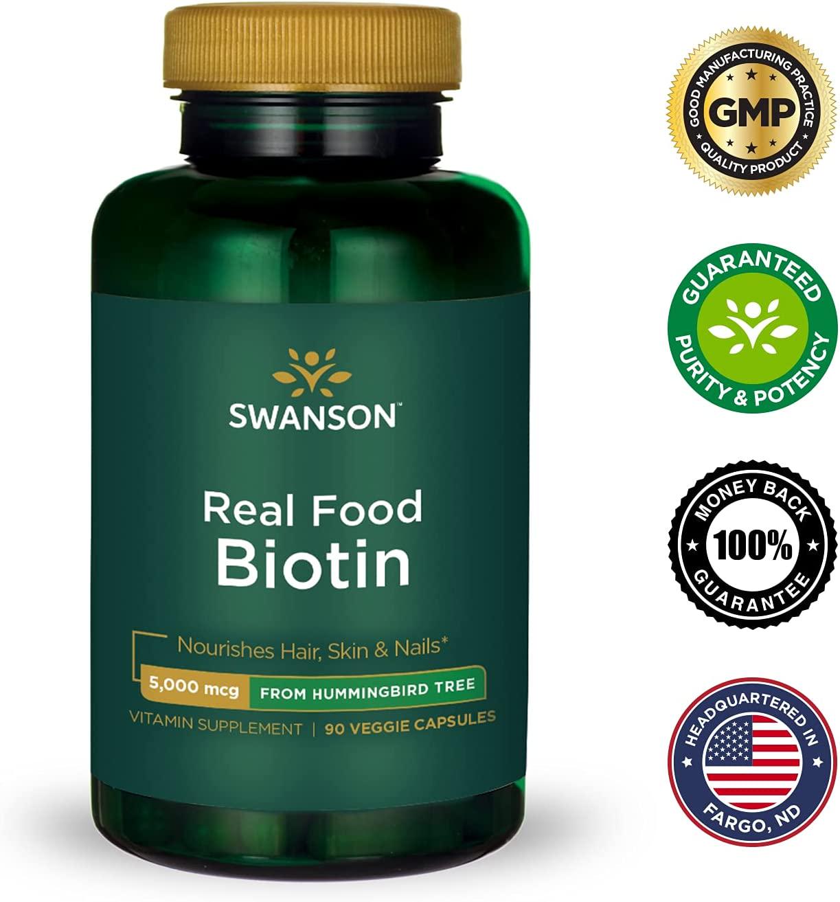 Swanson Real Food Biotin Vitamin B-7 Hair Skin Nail Metabolism Health from Organic Hummingbird Tree Extract Vegan Gluten-Free Non-GMO B7 5000 mcg 90 Veggie Capsules (Caps)