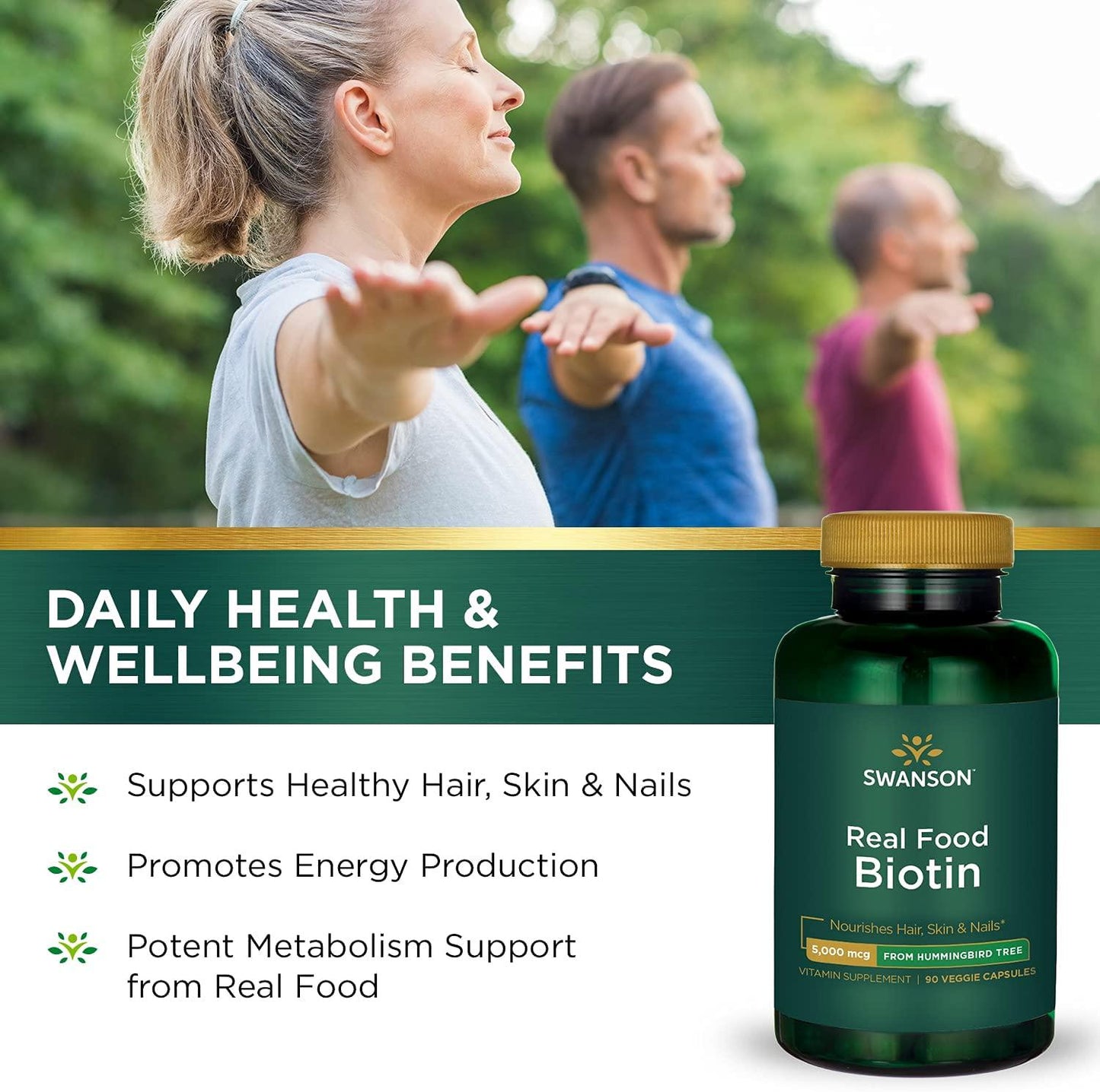 Swanson Real Food Biotin Vitamin B-7 Hair Skin Nail Metabolism Health from Organic Hummingbird Tree Extract Vegan Gluten-Free Non-GMO B7 5000 mcg 90 Veggie Capsules (Caps)