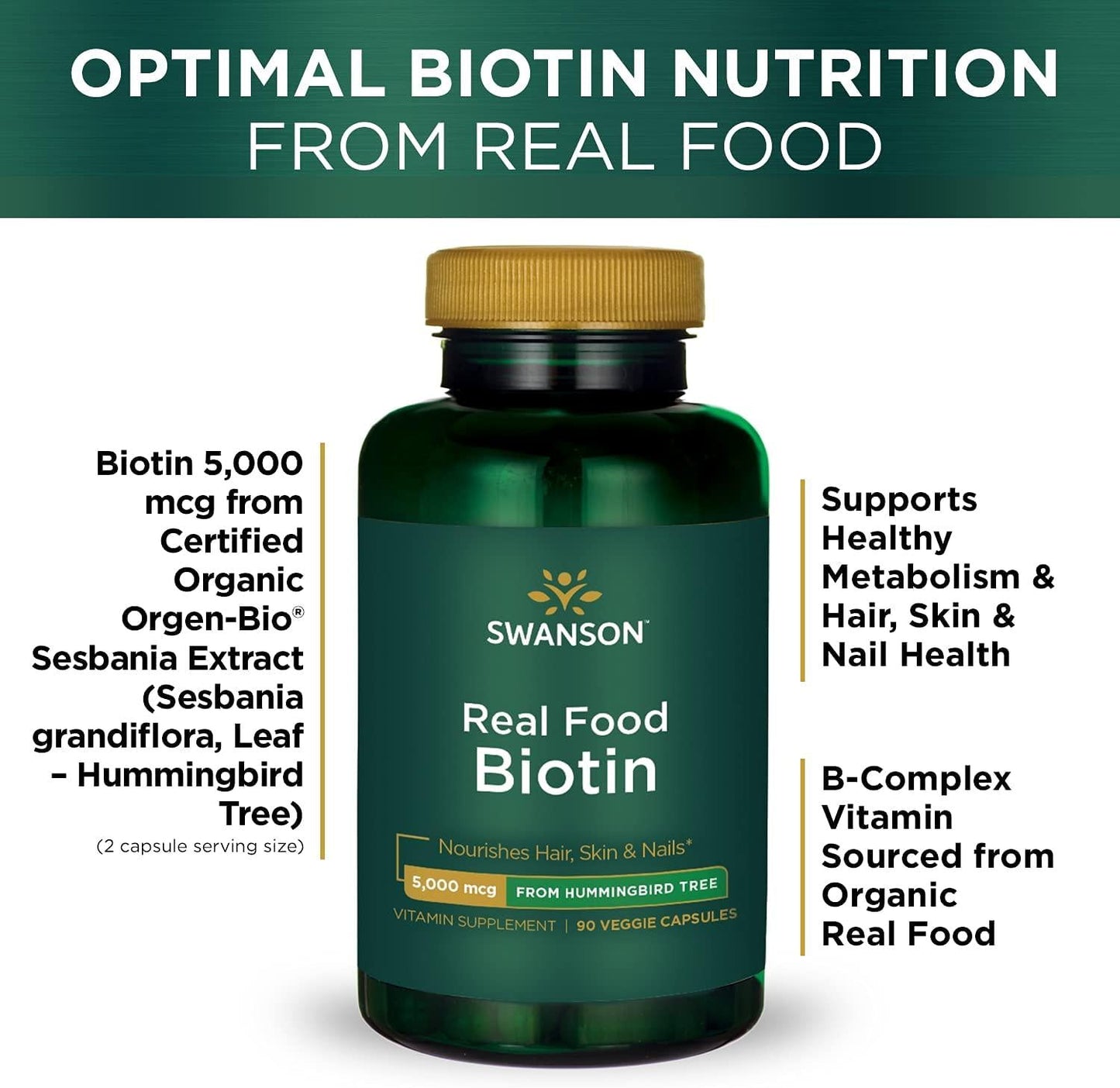 Swanson Real Food Biotin Vitamin B-7 Hair Skin Nail Metabolism Health from Organic Hummingbird Tree Extract Vegan Gluten-Free Non-GMO B7 5000 mcg 90 Veggie Capsules (Caps)