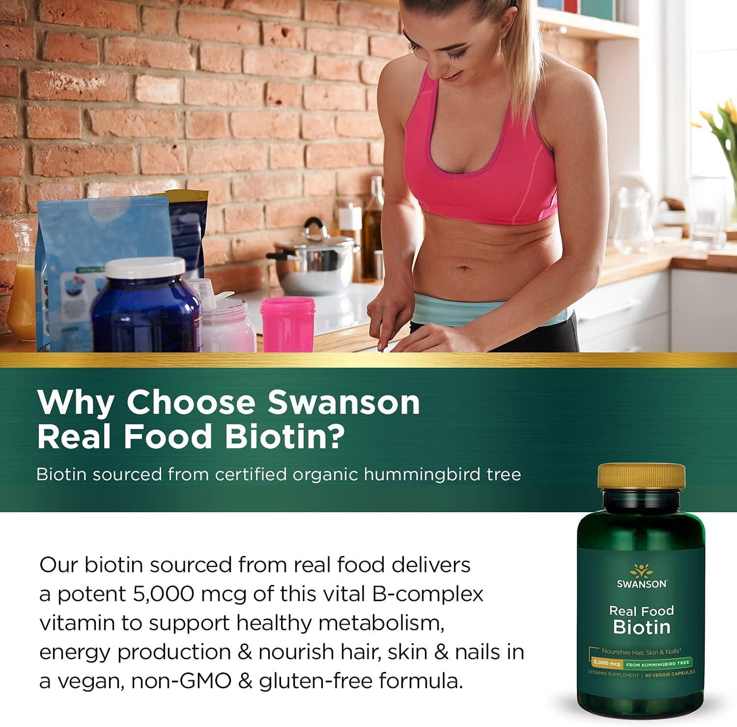 Swanson Real Food Biotin Vitamin B-7 Hair Skin Nail Metabolism Health from Organic Hummingbird Tree Extract Vegan Gluten-Free Non-GMO B7 5000 mcg 90 Veggie Capsules (Caps)