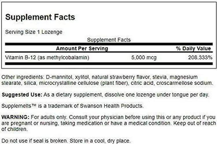 Swanson Supplemelts Sublingual Vitamin B-12 5 Milligrams 60 Tabs