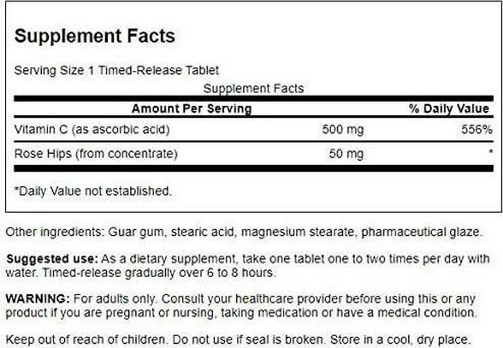 Swanson Timed-Release Vitamin C with Rose Hips Immune System Support Skin Cardiovascular Health Antioxidant Supplement 500 mg 250 Tablets (Tabs)
