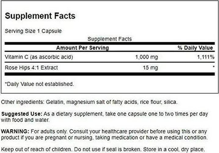 Swanson Vitamin C with Rose Hips Immune System Support Skin Cardiovascular Health Antioxidant Supplement 1000 mg 90 Capsules (Caps)