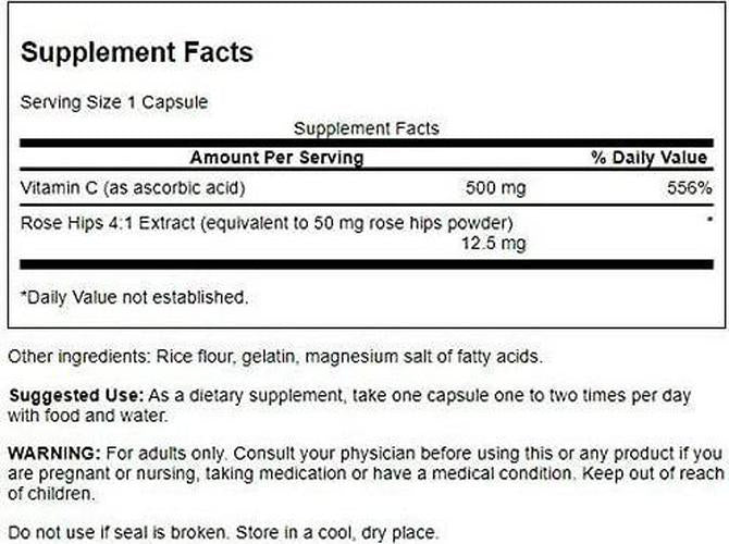 Swanson Vitamin C with Rose Hips Immune System Support Skin Cardiovascular Health Antioxidant Supplement 500 mg 250 Capsules (Caps)