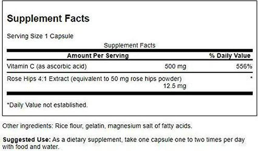 Swanson Vitamin C with Rose Hips Immune System Support Skin Cardiovascular Health Antioxidant Supplement 500 mg 100 Capsules