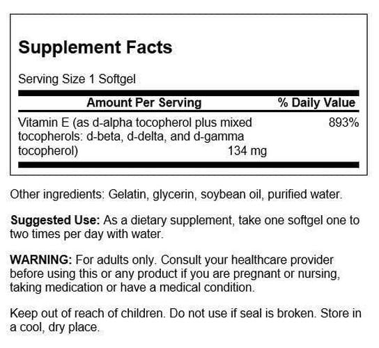 Swanson Vitamin E Mixed Tocopherols 200 Iu (134 Milligrams) 250 Sgels