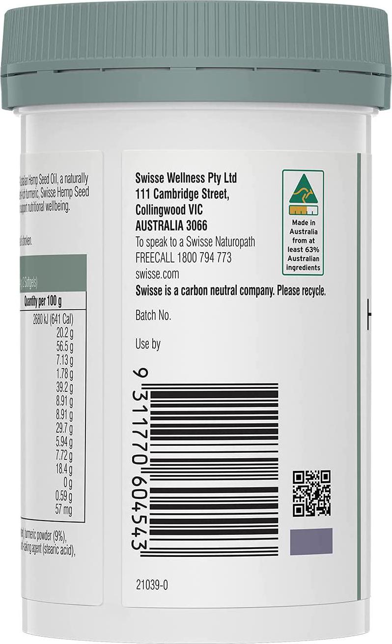 Swisse Hemp Seed Oil + Turmeric, 60 Capsules