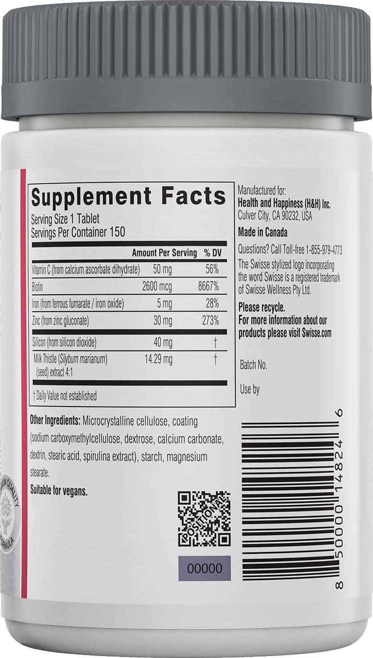 Swisse Ultiboost Hair Skin Nails Supplement | Premium Beauty Formula, Supports Collagen Production | Rich in Vitamin C and Silica, Plus Biotin | 150 Tablets