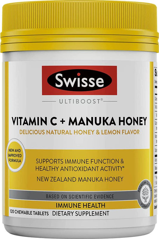 Swisse Ultiboost Vitamin C with Manuka Honey | Immunity Support, Rich in Antioxidants | 120 Chewable Tablets