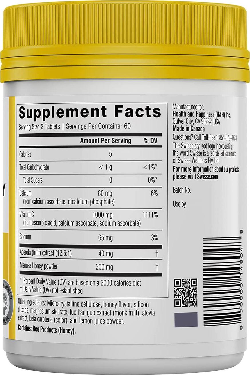 Swisse Ultiboost Vitamin C with Manuka Honey | Immunity Support, Rich in Antioxidants | 120 Chewable Tablets