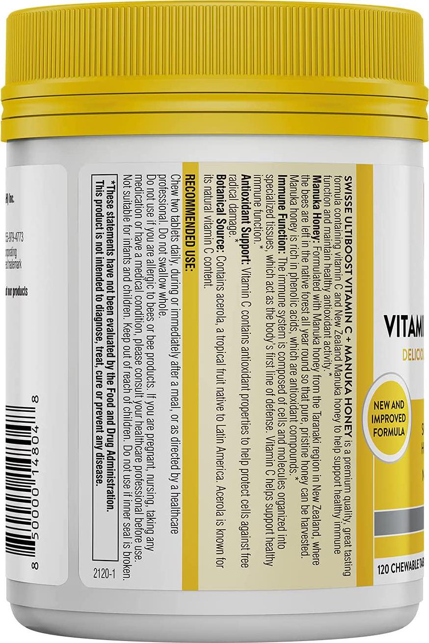 Swisse Ultiboost Vitamin C with Manuka Honey | Immunity Support, Rich in Antioxidants | 120 Chewable Tablets