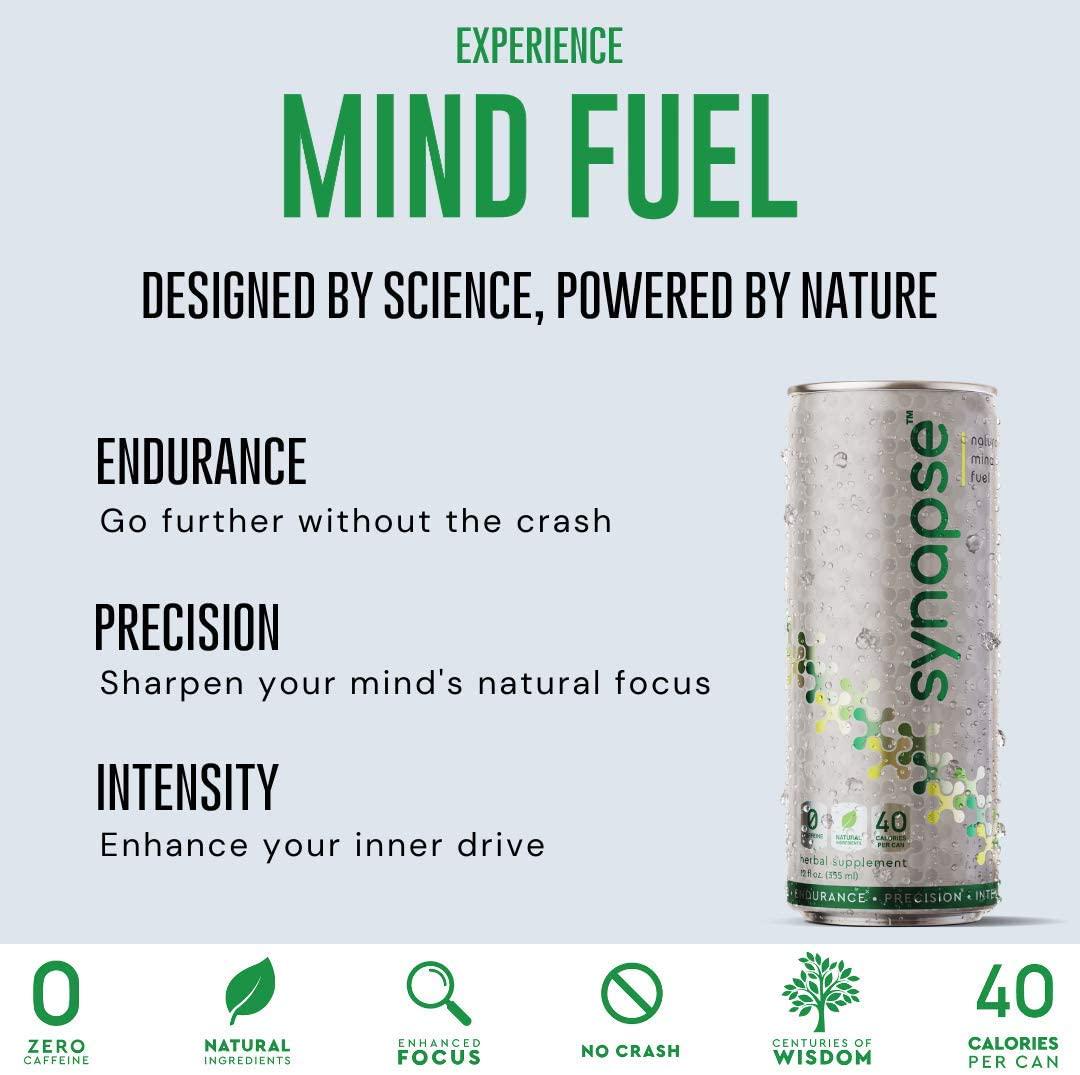 Synapse Natural Nootropic Energy Drink - Caffeine Free, Low Calorie, Plant Based - Focus, Memory, Mental Performance - 12 fl oz (12 Pack)
