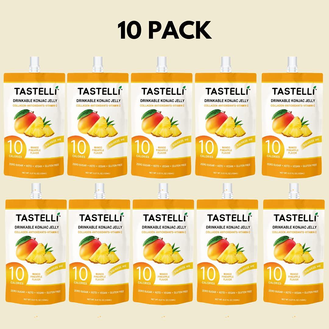 TASTELLI KONJAC Jelly: 10 Calories, Zero Sugar, Enhanced Collagen + Vitamin C + Antioxidants, Perfect for Weight Management and Satisfying Cravings (Mango Pineapple) - 150mL x 10 Pouches