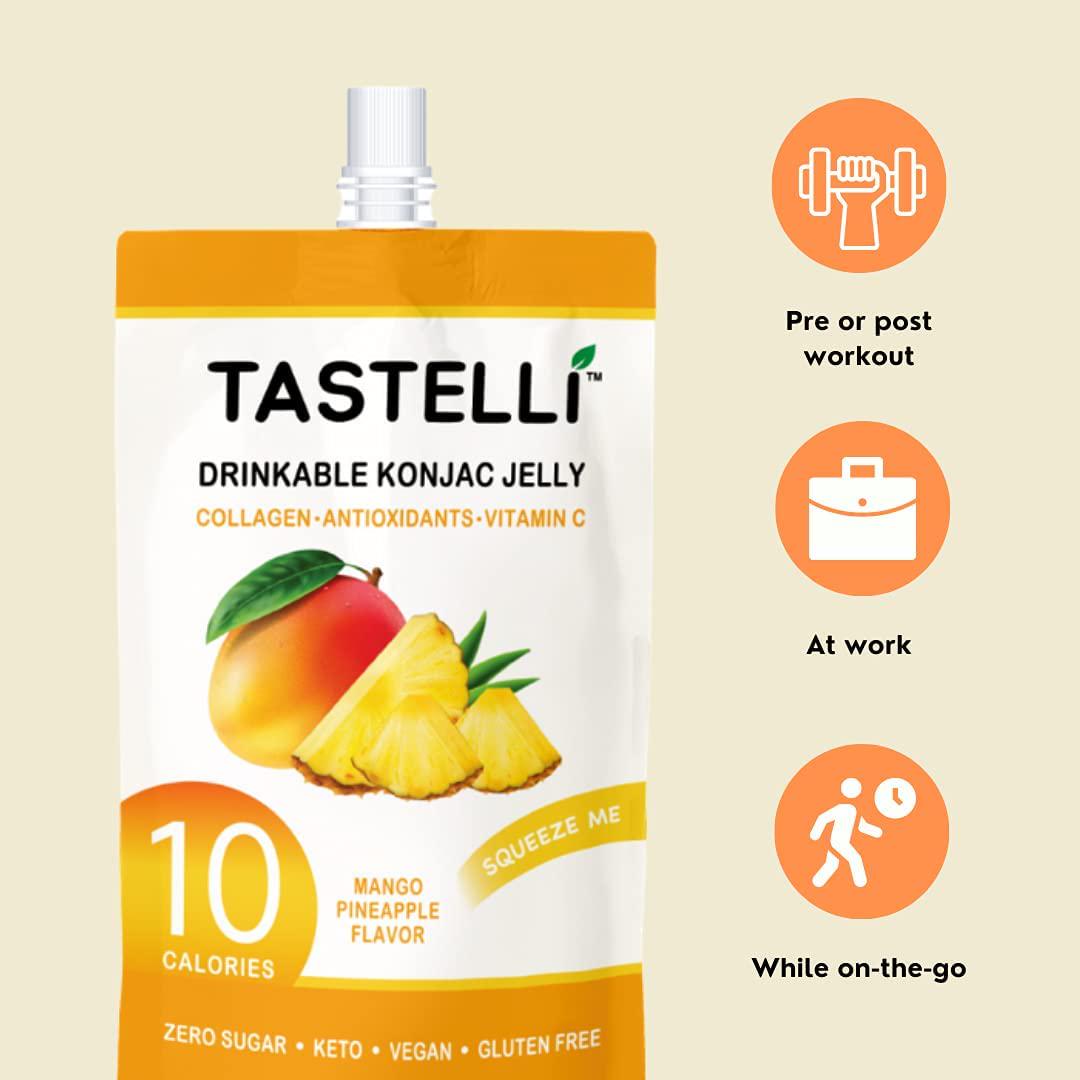 TASTELLI KONJAC Jelly: 10 Calories, Zero Sugar, Enhanced Collagen + Vitamin C + Antioxidants, Perfect for Weight Management and Satisfying Cravings (Mango Pineapple) - 150mL x 10 Pouches