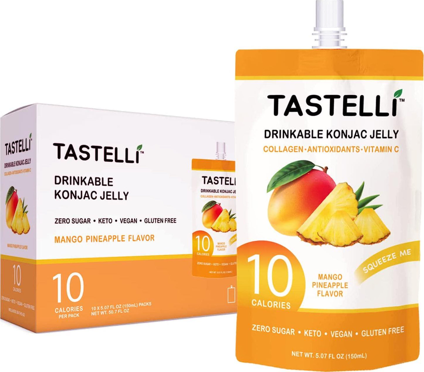 TASTELLI KONJAC Jelly: 10 Calories, Zero Sugar, Enhanced Collagen + Vitamin C + Antioxidants, Perfect for Weight Management and Satisfying Cravings (Mango Pineapple) - 150mL x 10 Pouches