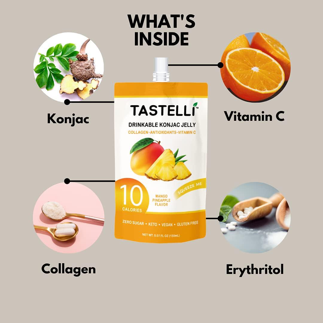 TASTELLI KONJAC Jelly: 10 Calories, Zero Sugar, Enhanced Collagen + Vitamin C + Antioxidants, Perfect for Weight Management and Satisfying Cravings (Mango Pineapple) - 150mL x 10 Pouches