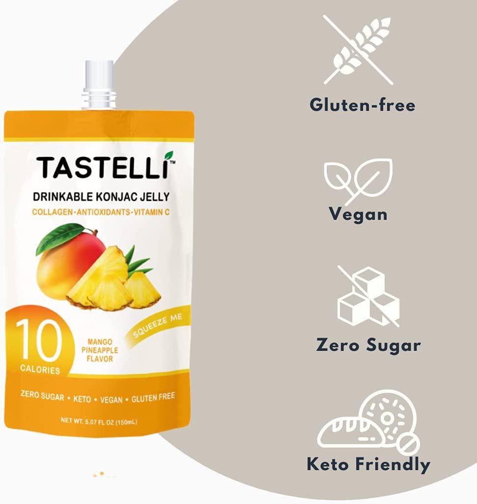 TASTELLI KONJAC Jelly: 10 Calories, Zero Sugar, Enhanced Collagen + Vitamin C + Antioxidants, Perfect for Weight Management and Satisfying Cravings (Mango Pineapple) - 150mL x 10 Pouches