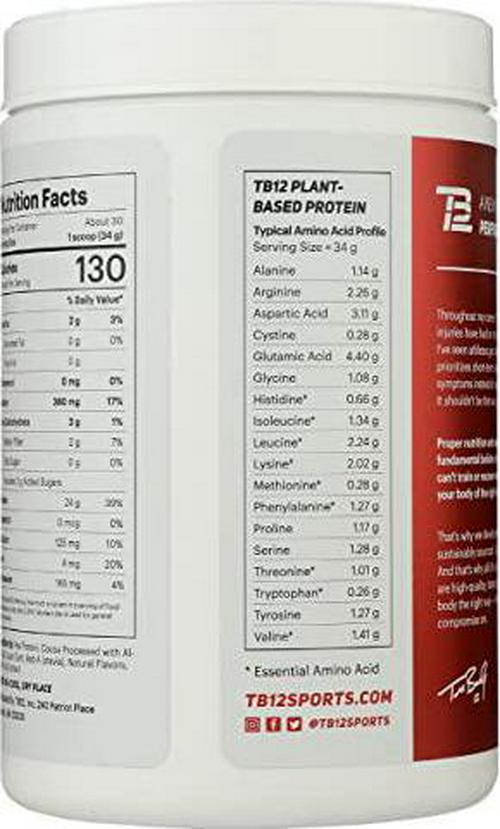 TB12 Plant Based Protein Powder by Tom Brady, 24g of Vegan Pea Protein, Low Sugar, Low Carb, Non-GMO, Meal Replacement, Keto Friendly, Paleo, Sugar Free, Chocolate Flavor (30 Servings/2.25lbs)